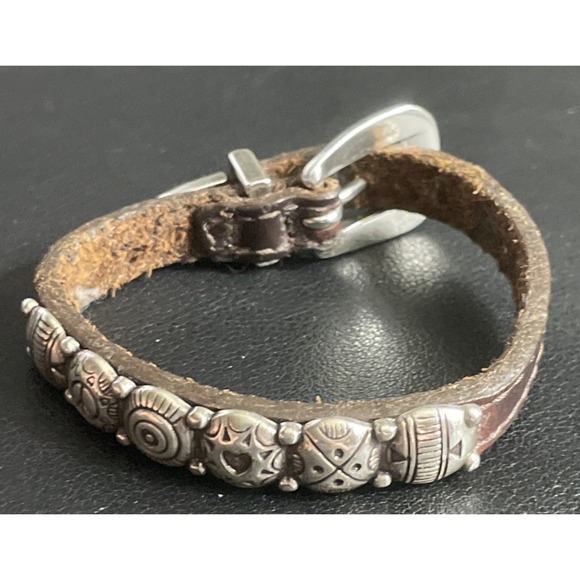 Vintage BRIGHTON Harmony  Bracelet Silver Medallion and Brown Leather Jewelry - Picture 6 of 16